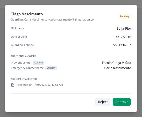 A pending submission open, showing the applicant's answers and the Reject and Approve buttons