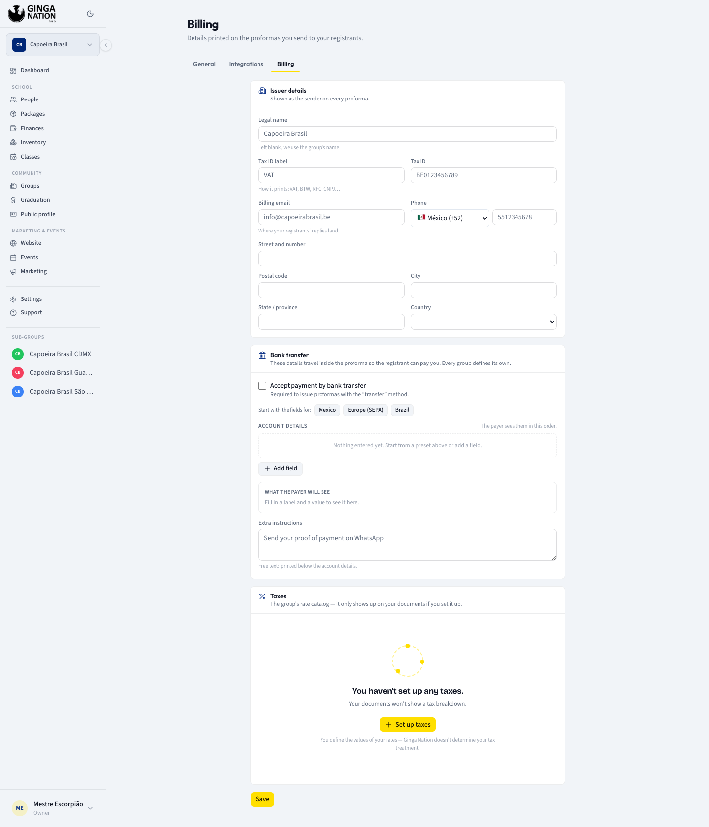 The Billing tab with the Issuer details, Bank transfer and Taxes panels