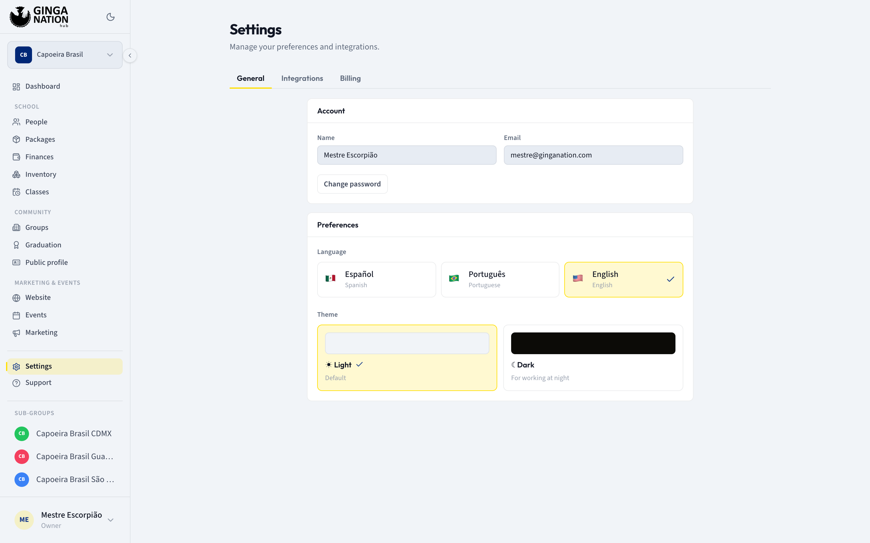 The Settings General tab with the Account and Preferences panels
