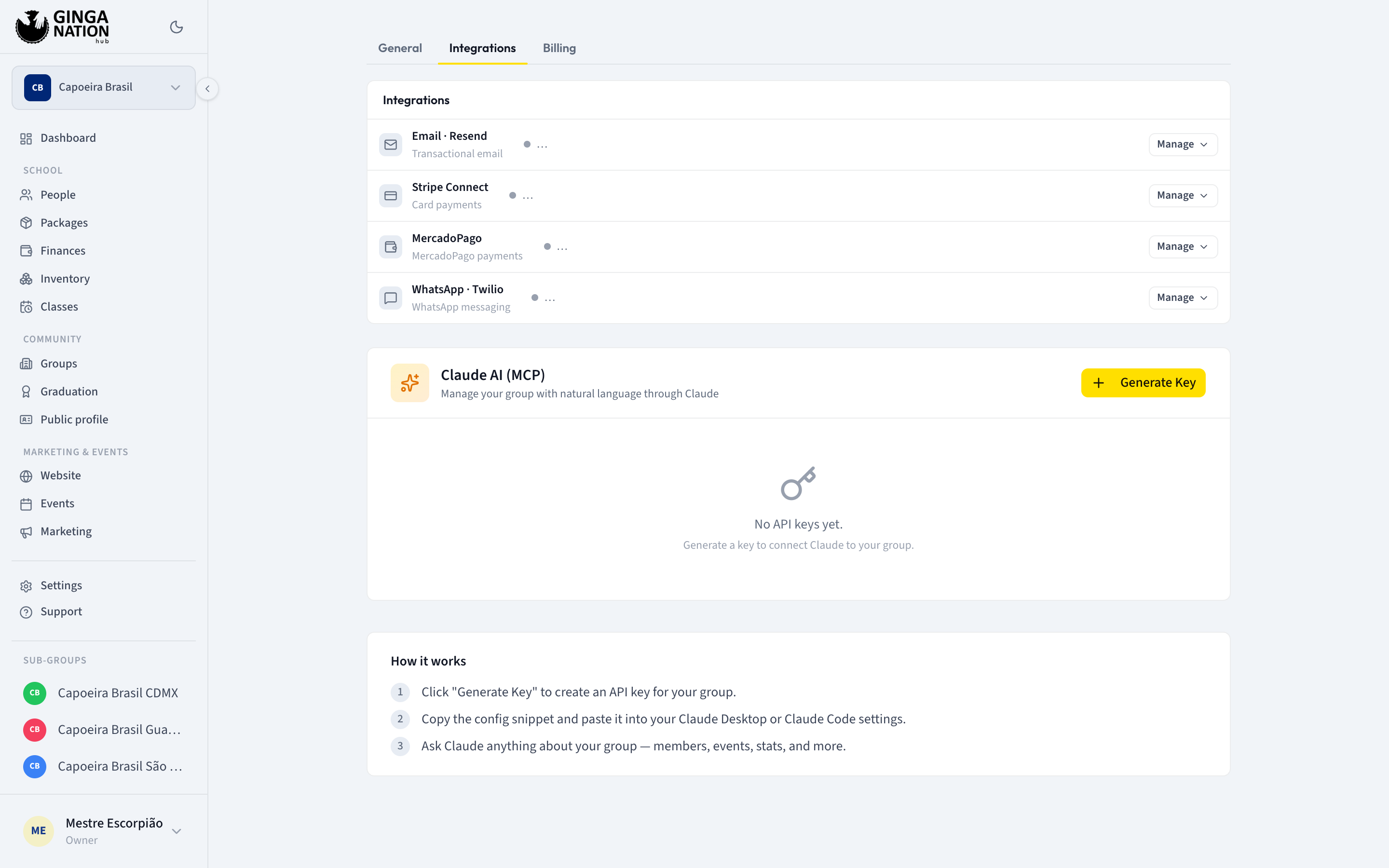 The Integrations tab listing Resend, Stripe Connect, MercadoPago and Twilio, above the Claude AI API keys section