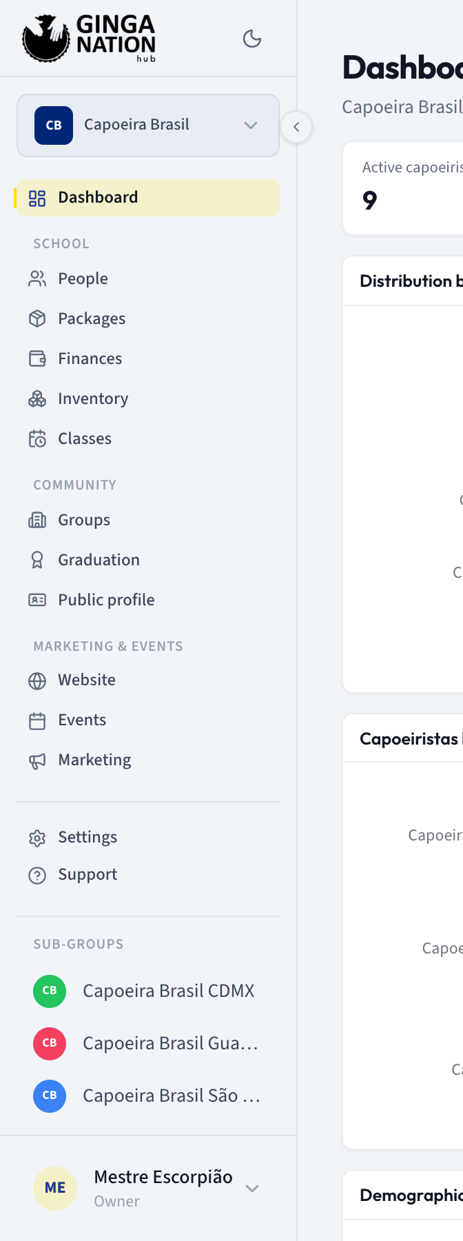 The hub sidebar showing the group switcher and the School, Community and Marketing & Events sections