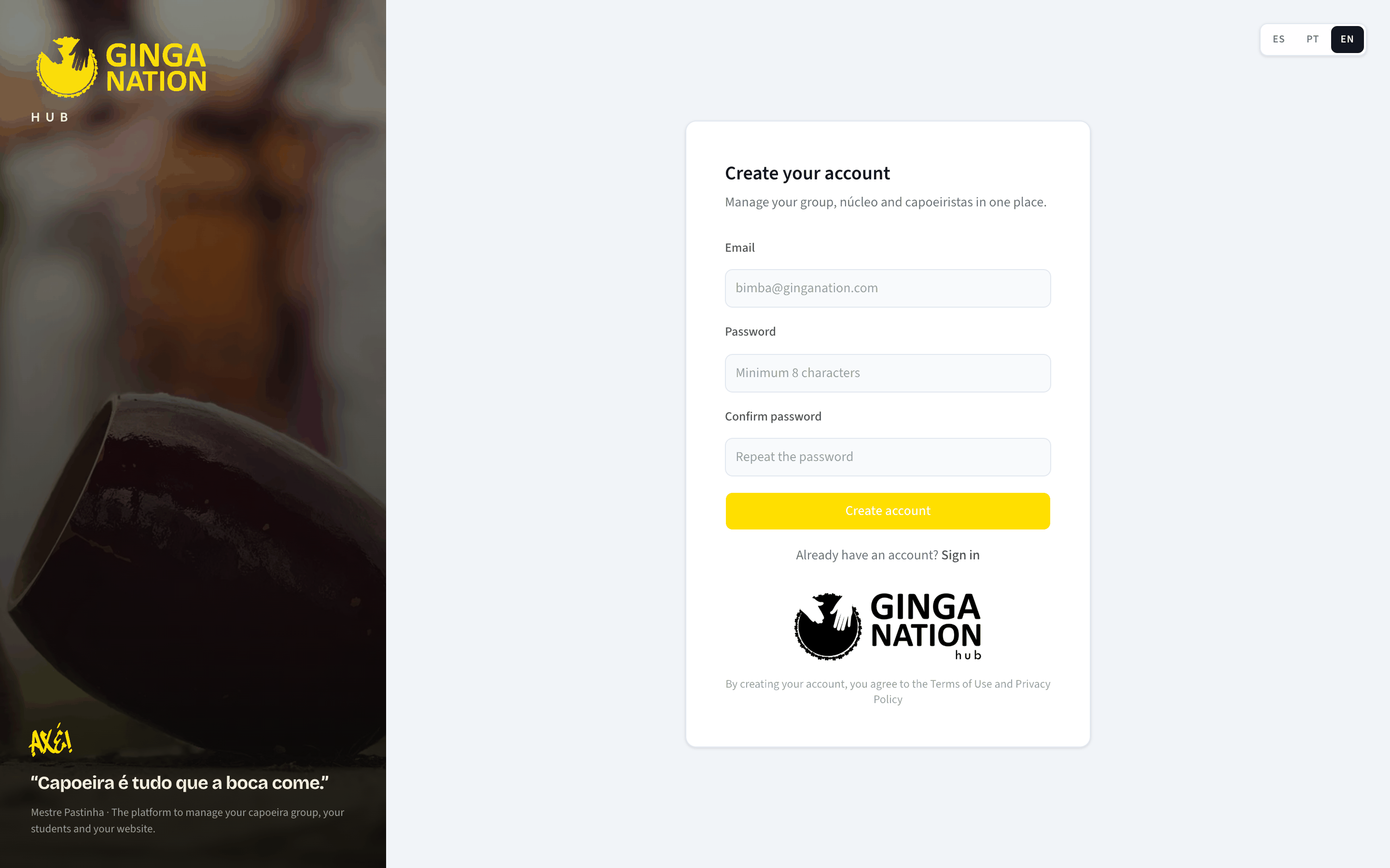 The Create your account form with the Email, Password and Confirm password fields