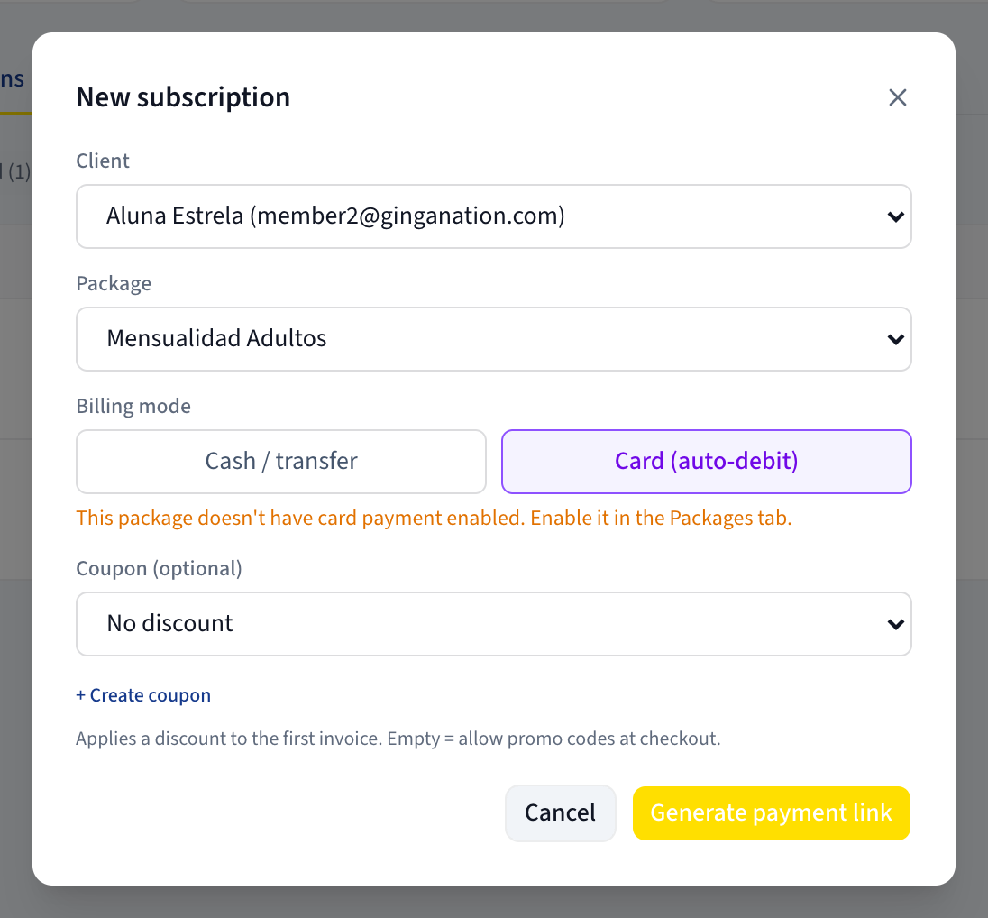 The Billing mode selector in the New subscription dialog with Card (auto-debit) selected and the Coupon (optional) field below it