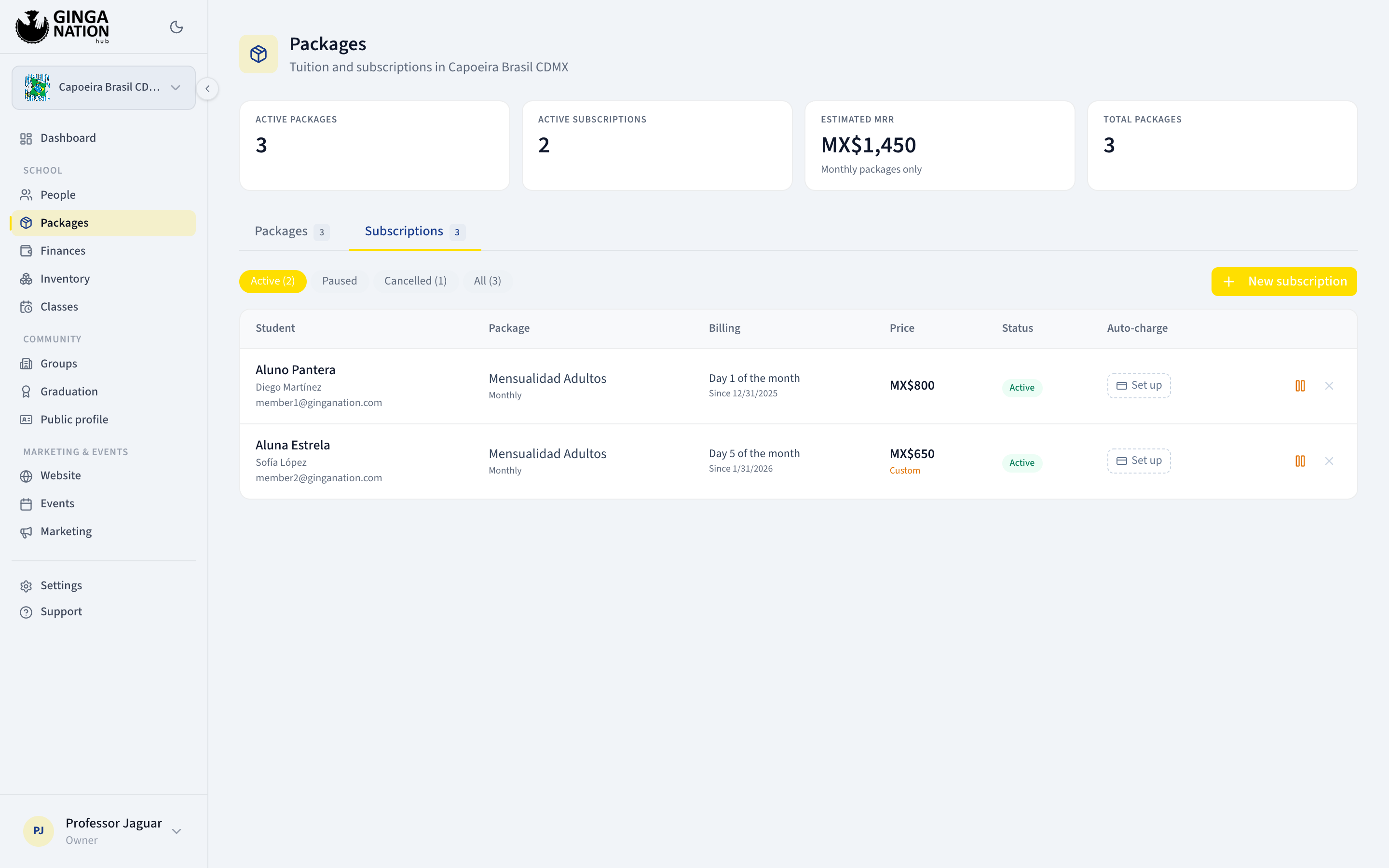 The Subscriptions tab with status filters, one row per student and an Auto-charge column