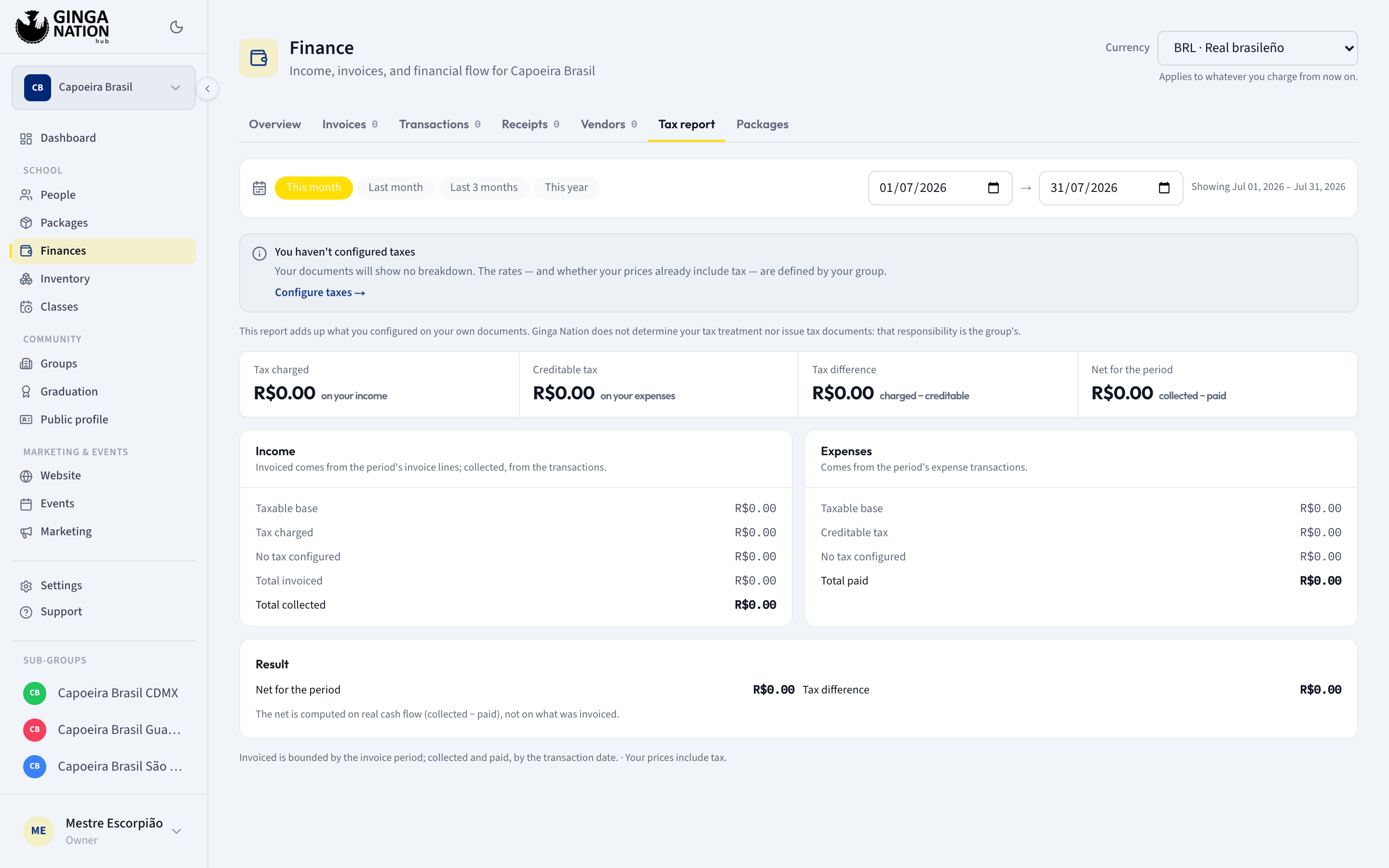 The Tax report tab showing the You haven't configured taxes notice with the Configure taxes link, above the responsibility disclaimer