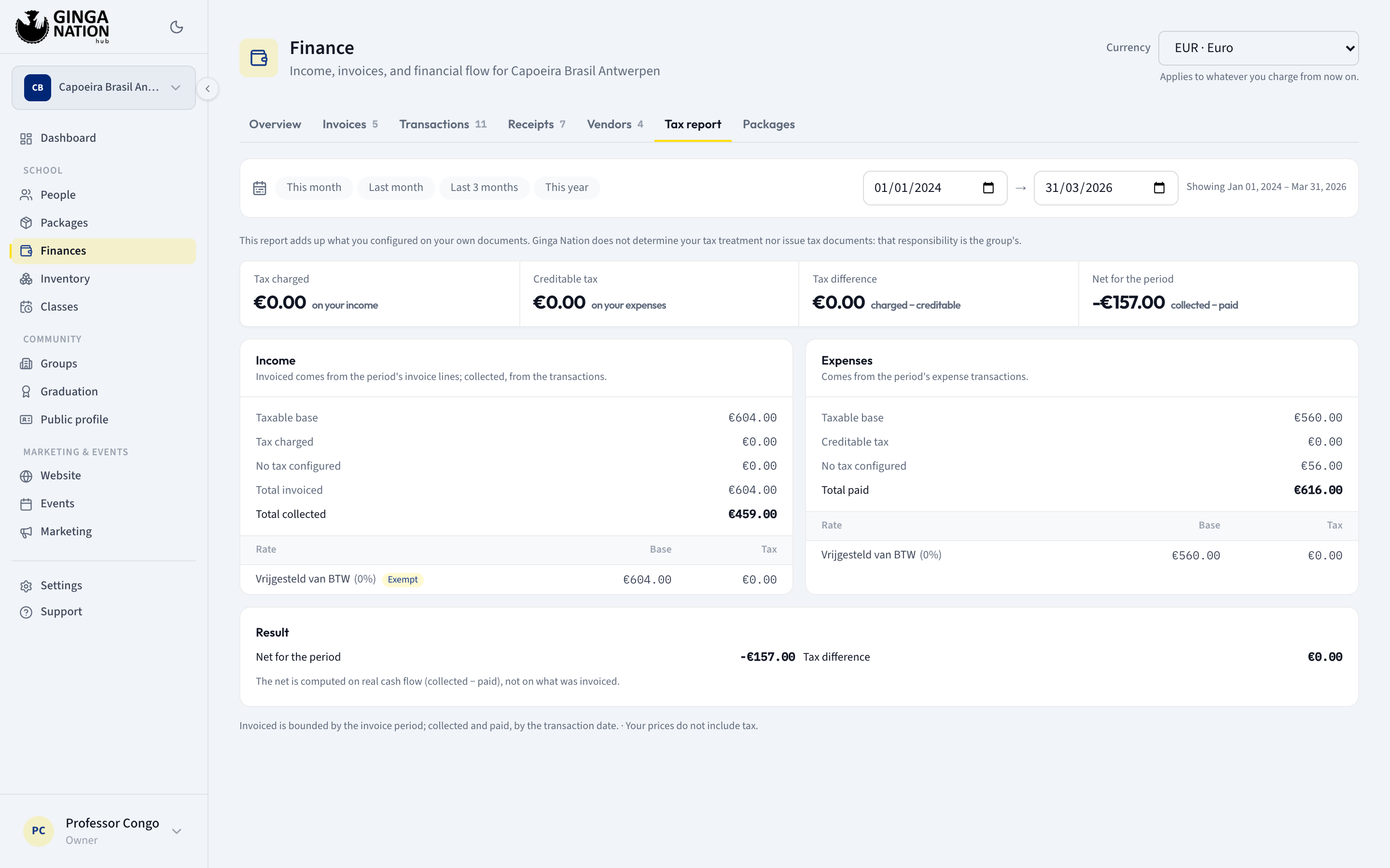 The Tax report tab with the four figures across the top and the Income and Expenses panels underneath, each with a per-rate breakdown
