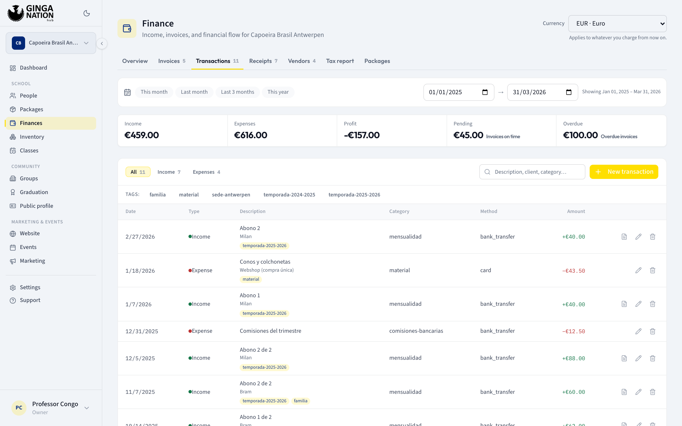 The Transactions tab with the All, Income and Expenses filters, the tag filter row, and the ledger table
