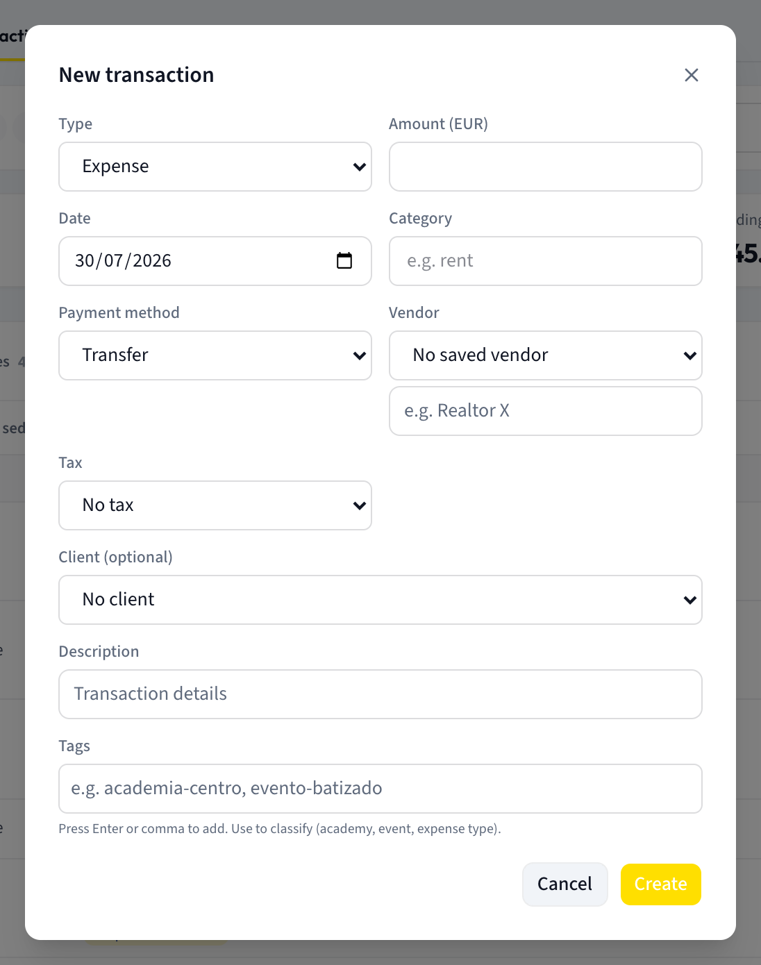The New transaction dialog with Type set to Expense, Amount, Date, Category, Payment method, Vendor, Client, Description and Tags