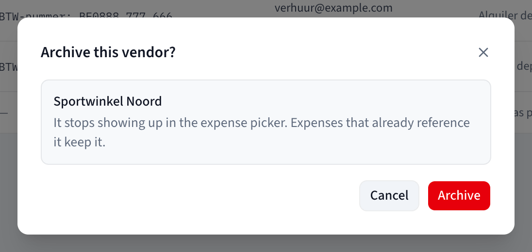 The Archive this vendor? confirmation dialog showing the vendor name and the note that existing expenses keep it