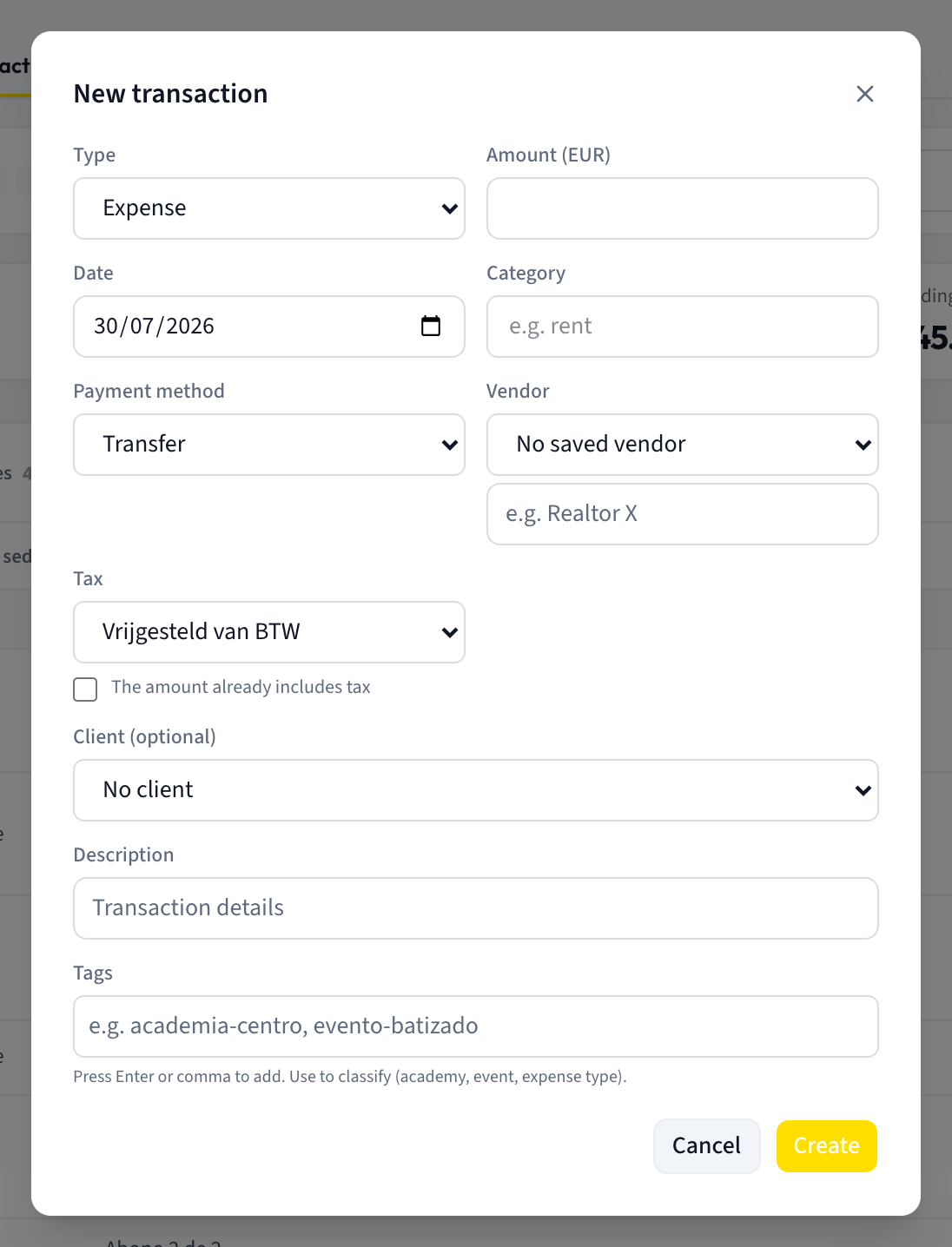 The New transaction dialog with Type set to Expense, showing the Vendor dropdown with the No saved vendor option and the free-text field below it