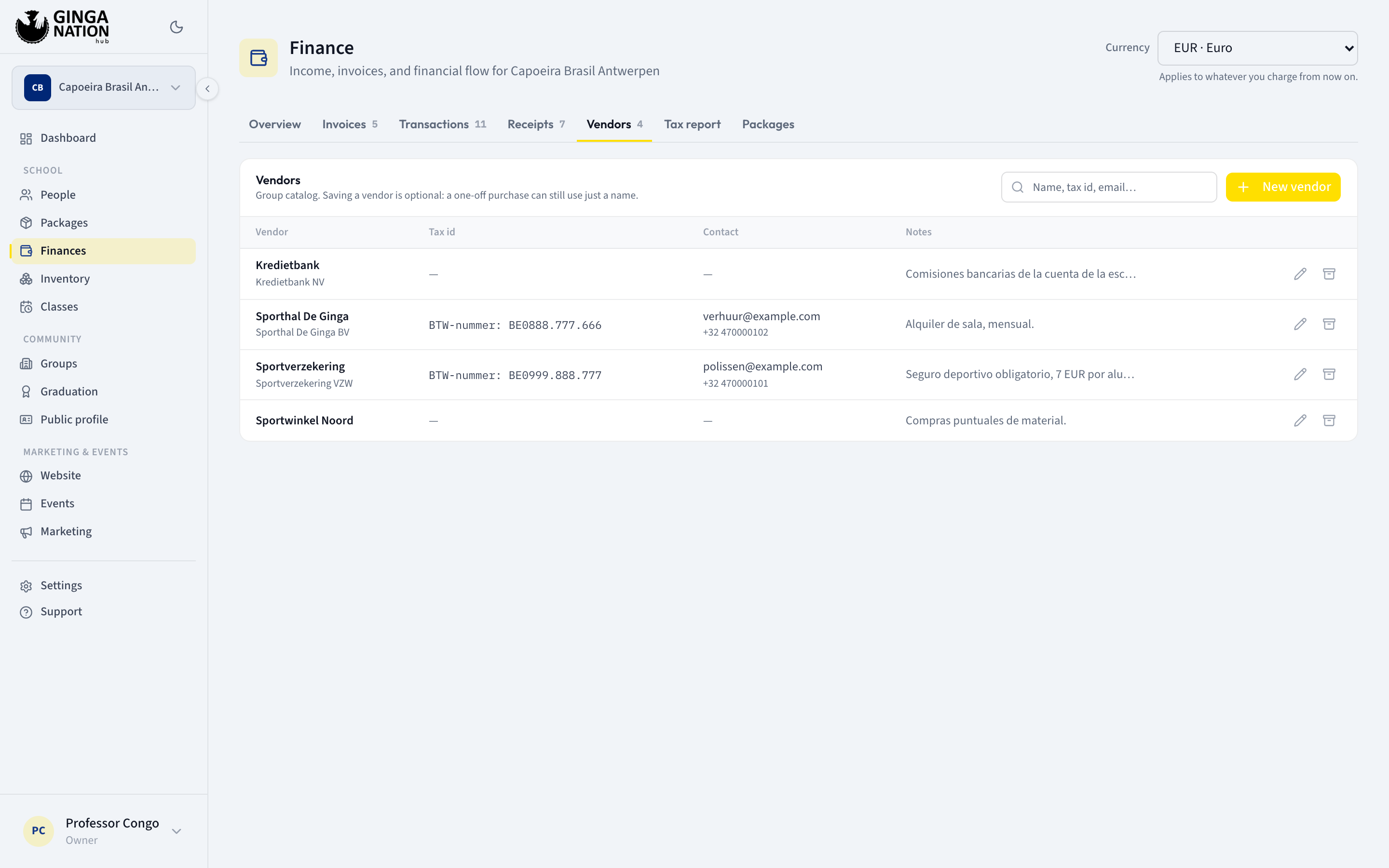The Vendors tab listing saved vendors with the Vendor, Tax id, Contact and Notes columns, a search box and the New vendor button