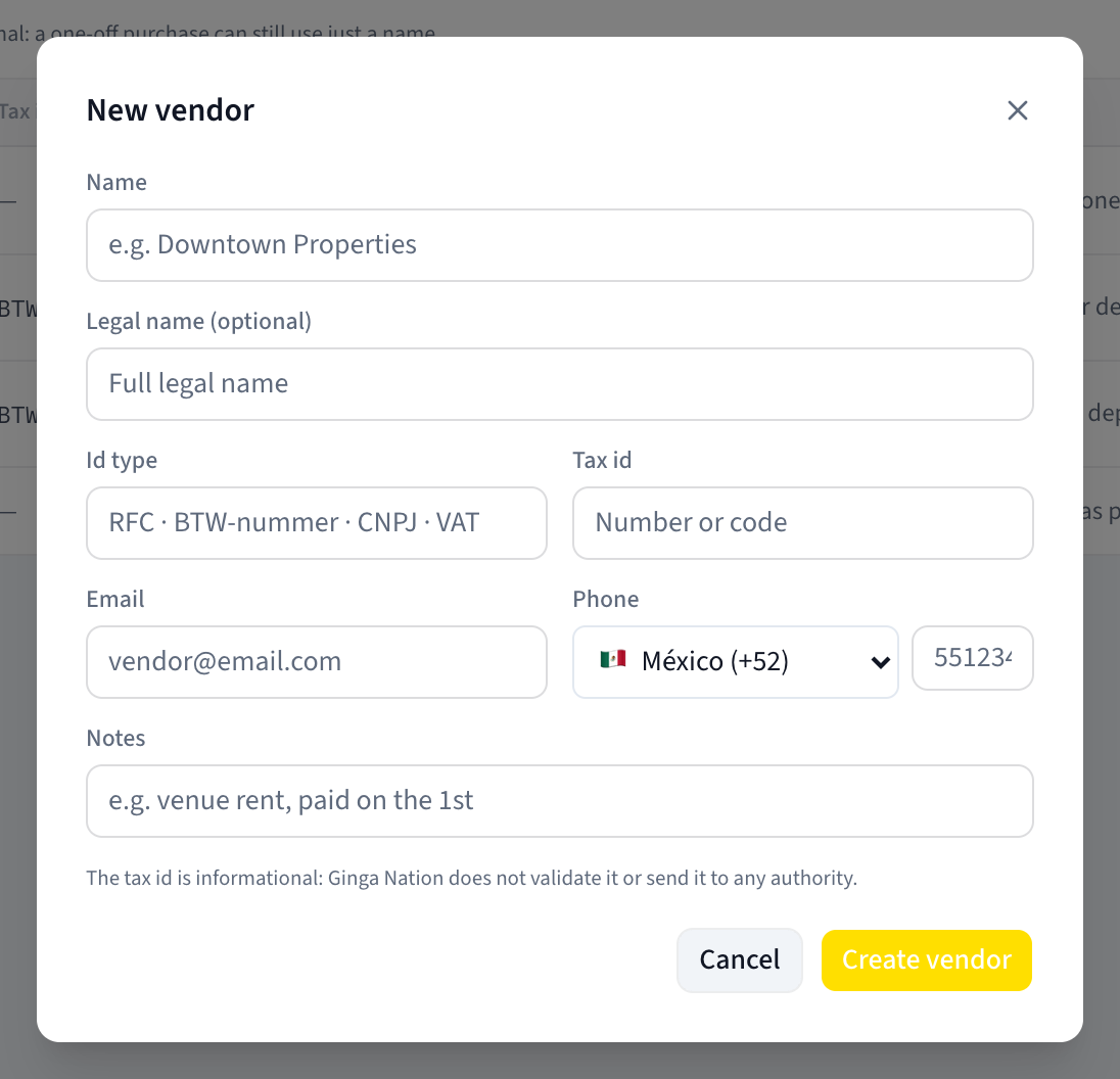 The New vendor dialog with Name, Legal name, Id type, Tax id, Email, Phone and Notes fields and the tax id disclaimer underneath