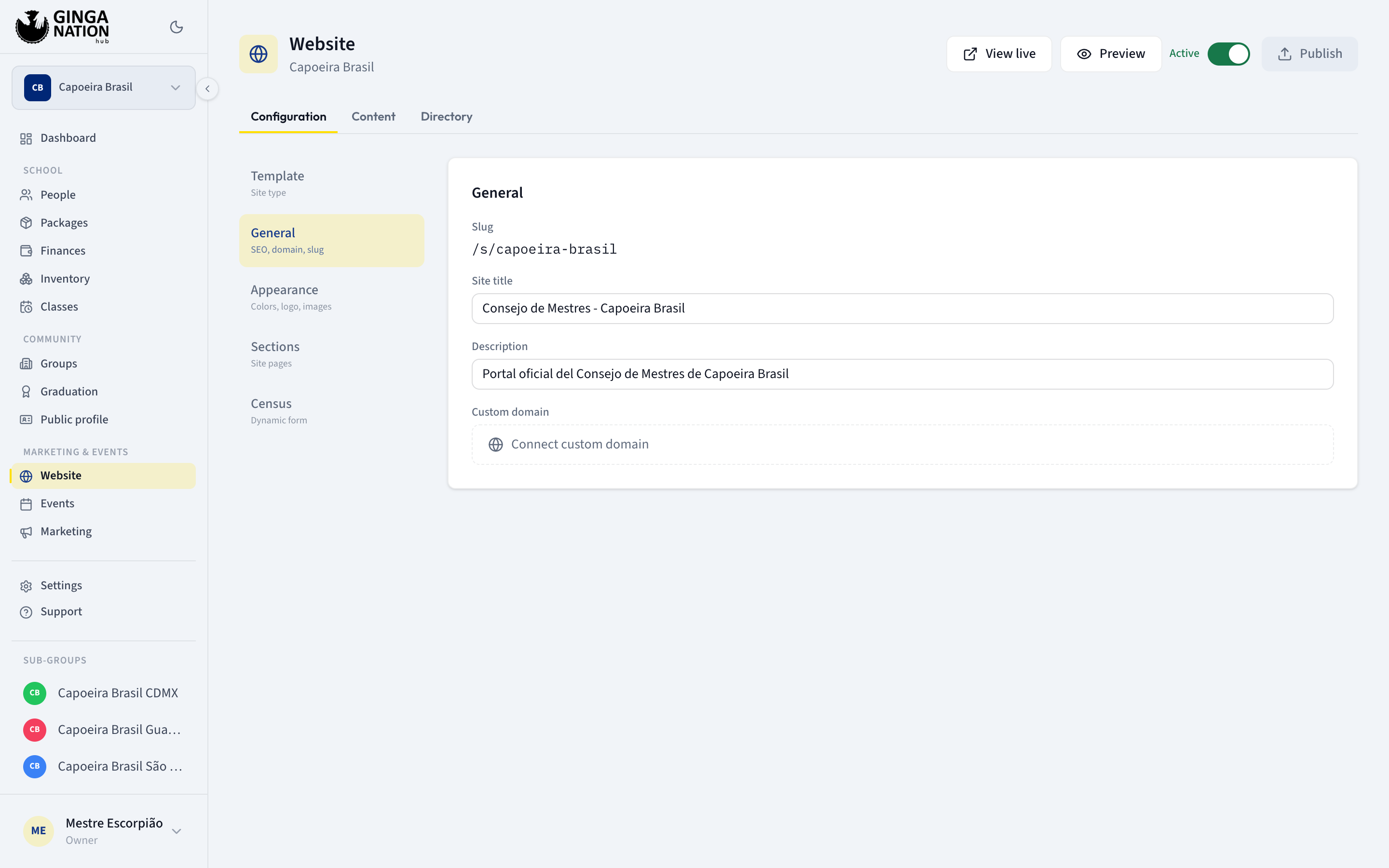 The General panel with the read-only slug, Site title, Description and the Connect custom domain button