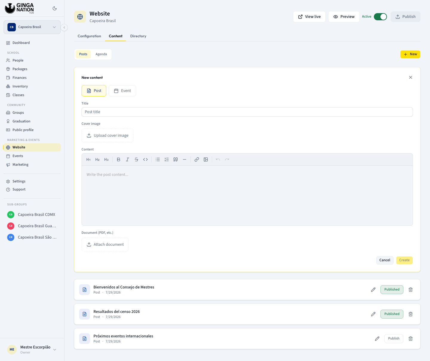 The New content form with the Post and Event type buttons, title, cover image and rich text editor