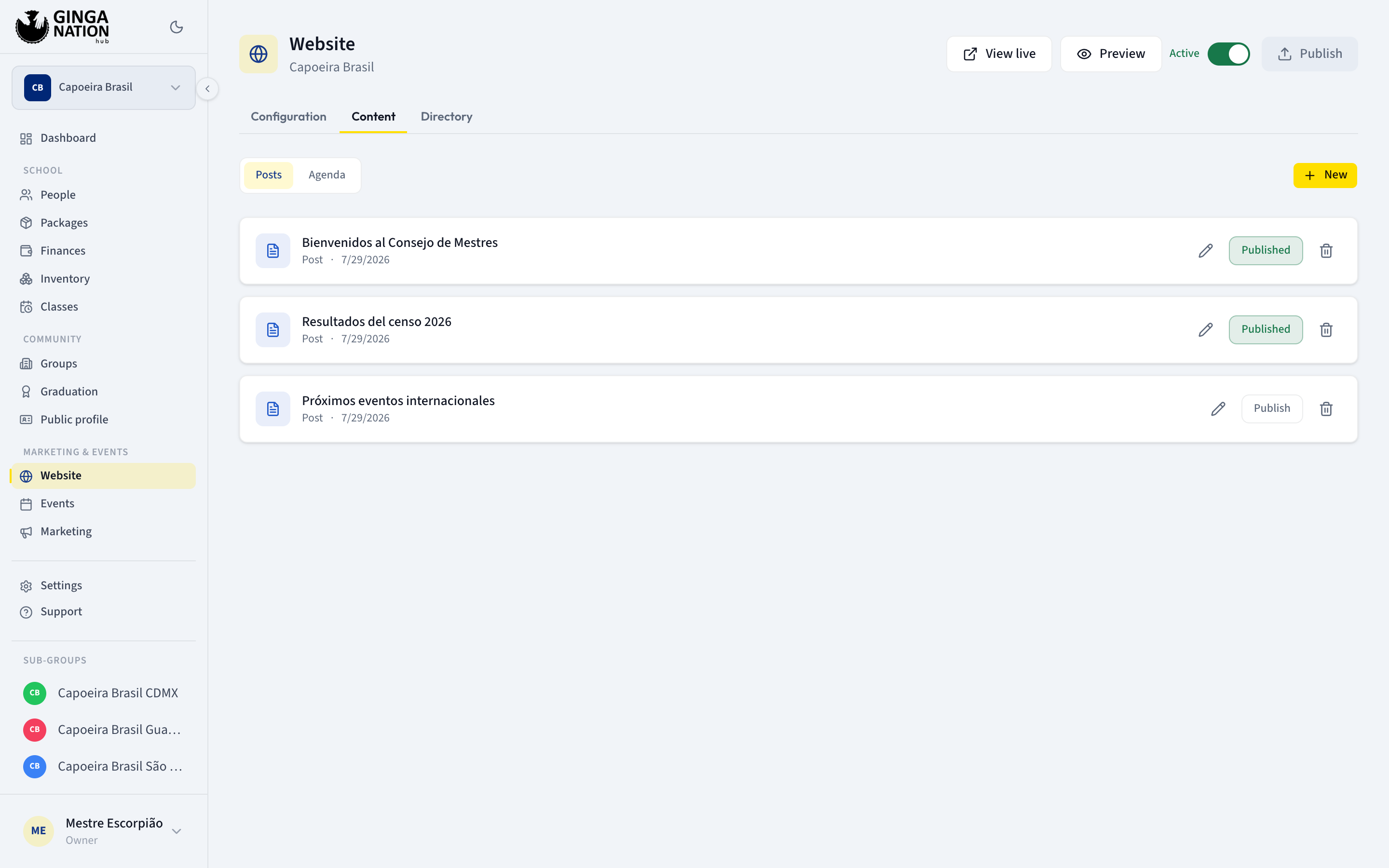 The Content tab listing posts with their Publish or Published button, edit and delete actions