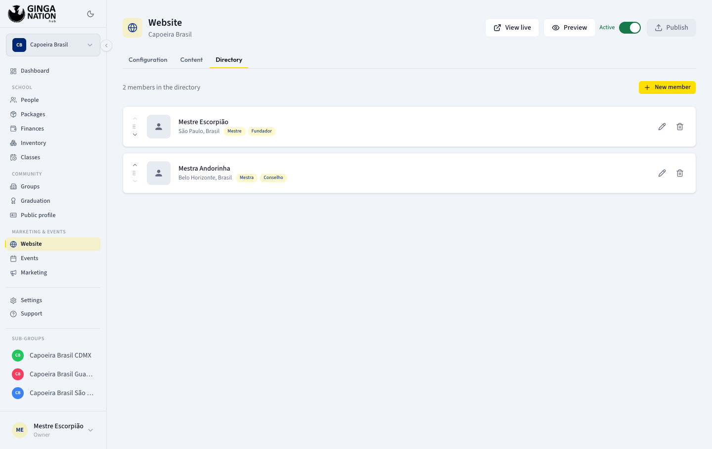 The Directory tab listing council members with reorder arrows, photo, tags, edit and delete
