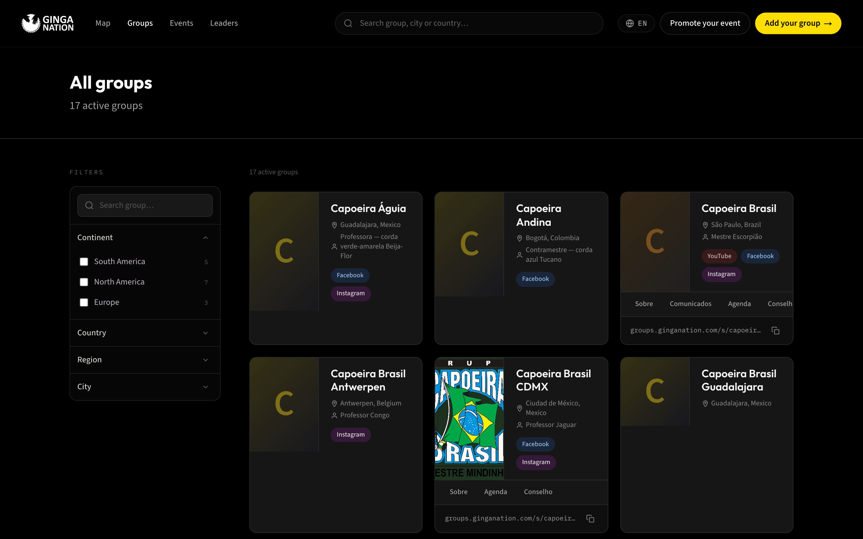 The public group directory with the search box, the continent and country filters and a grid of group cards
