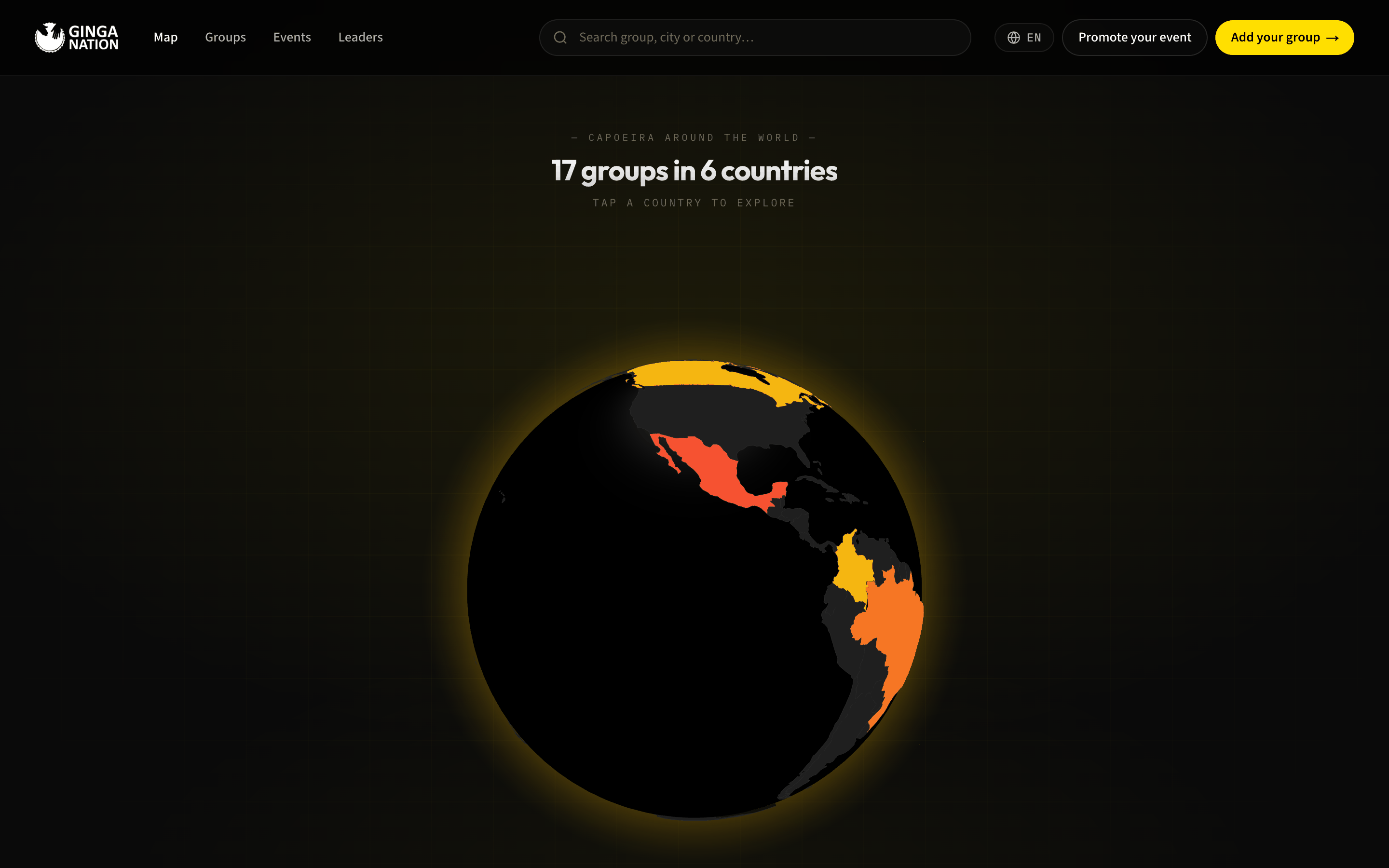 The interactive globe on the platform home page, shading the countries that have registered groups