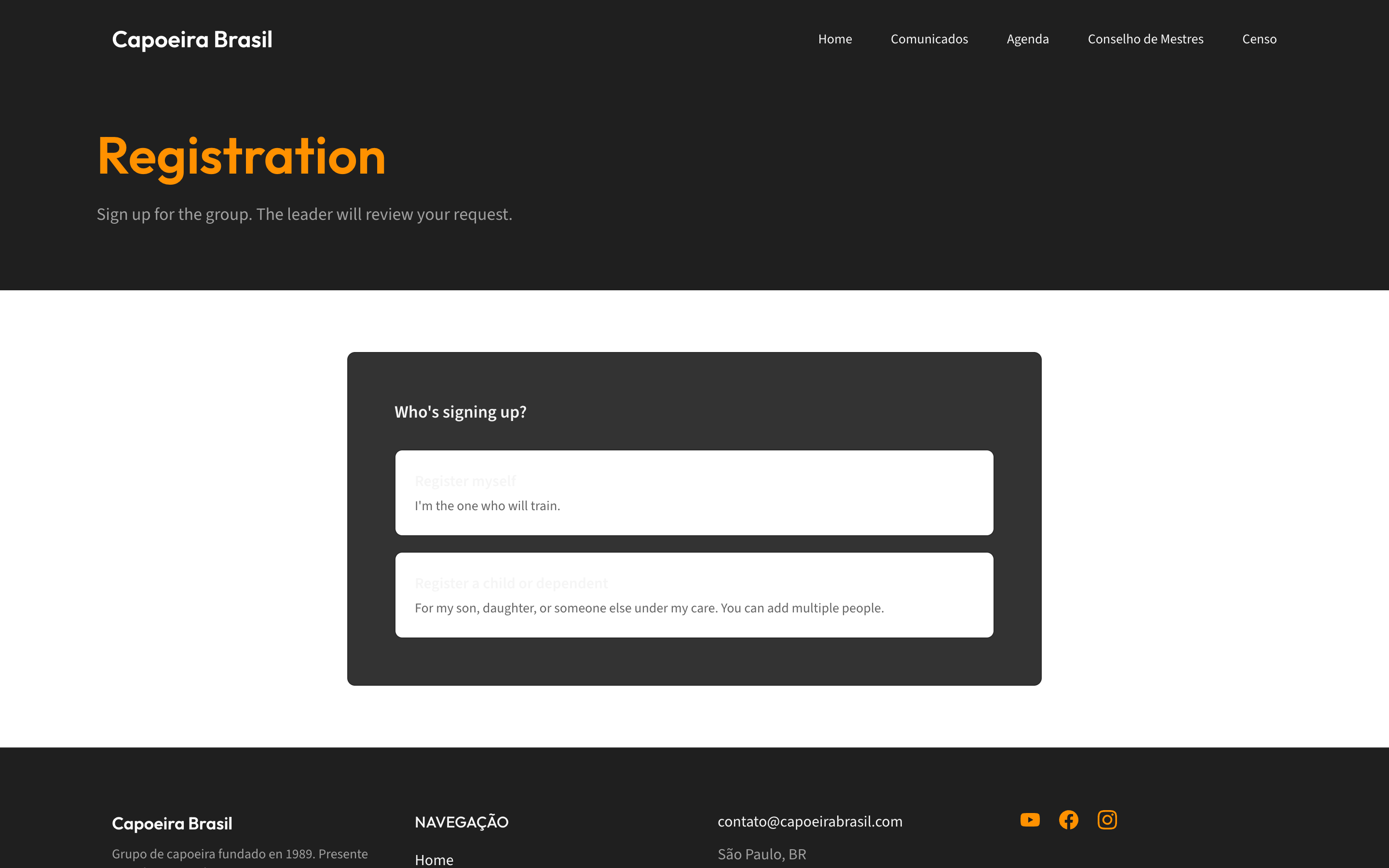 The public registration form asking Who's signing up?, with the two choices